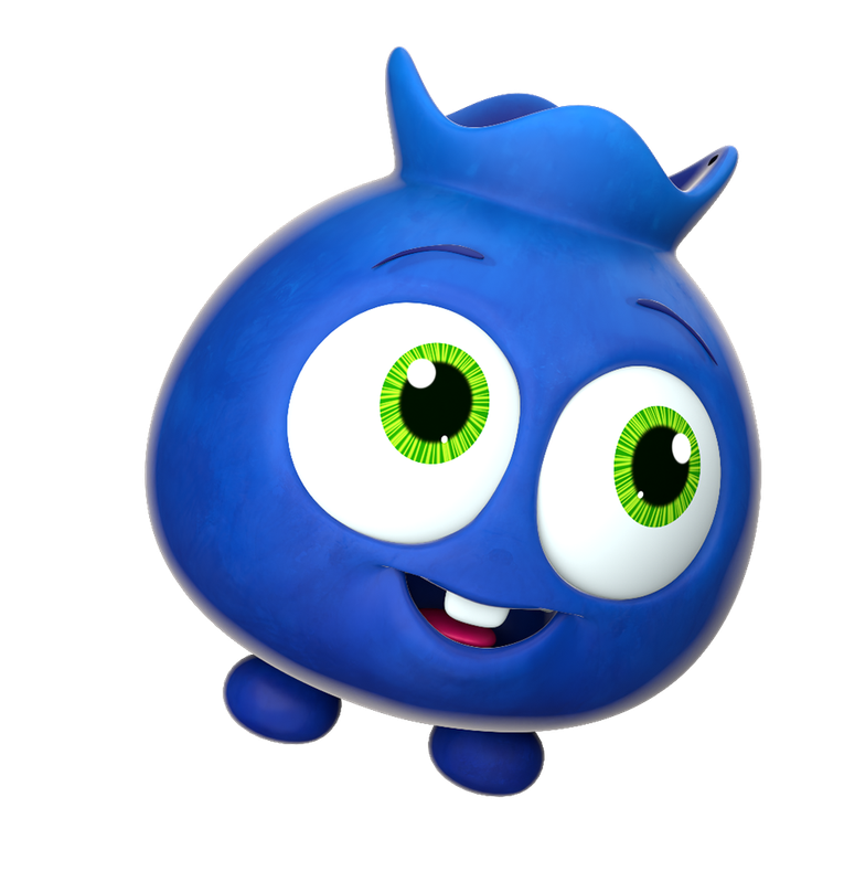 A smiling blueberry character