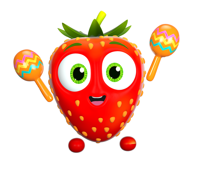 A cheerful strawberry character holding colorful maracas