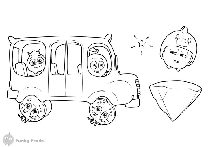 Funky Fruits bus adventure coloring page