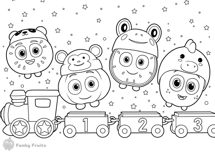 Counting train with Funky Fruits friends coloring page